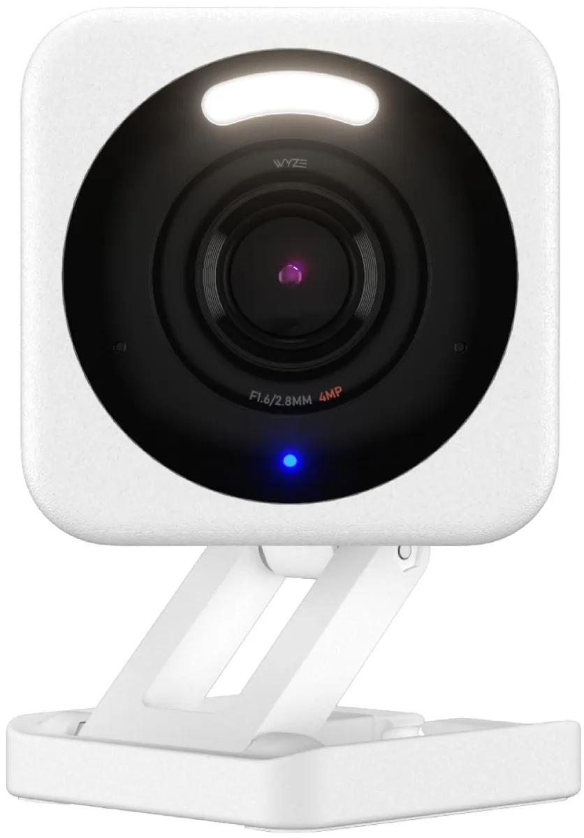 White cube IP camera with front spotlight and lens, flat base for indoor or outdoor mounting