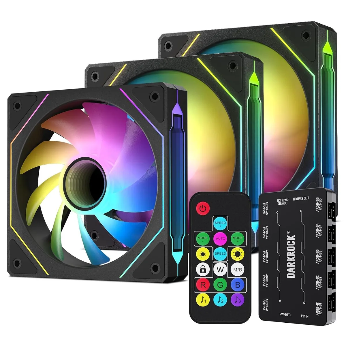 DARKROCK DARKROCK F120 3-in-1 120mm Infinite Mirror case fan kit, 20-port hub, 24 LED, PWM, ARGB, Hydro Bearing, Black — product photo