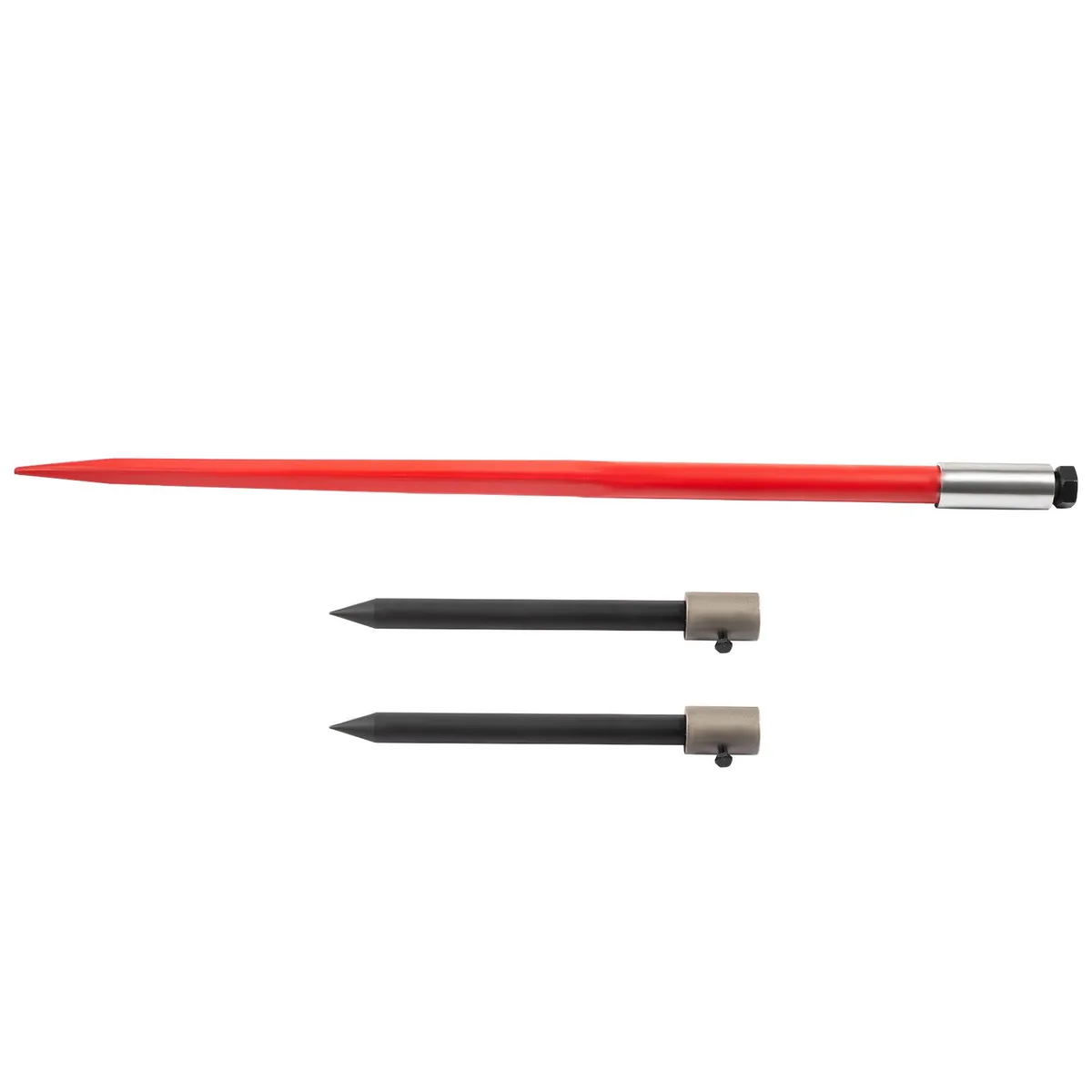 Red and black 49-inch spring steel hay bale spear with two black stabiliser spears and mounting sleeves