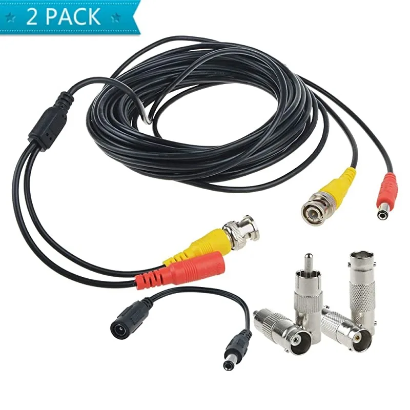 Two 25 ft black coaxial BNC video and power cables with BNC and RCA connectors and DC power adapters
