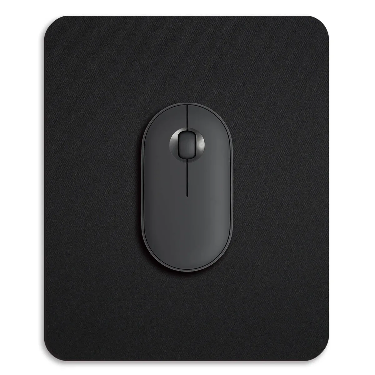 Compact black rubber mouse pad, 8.5 by 7 inches, smooth water-resistant surface, non-slip base