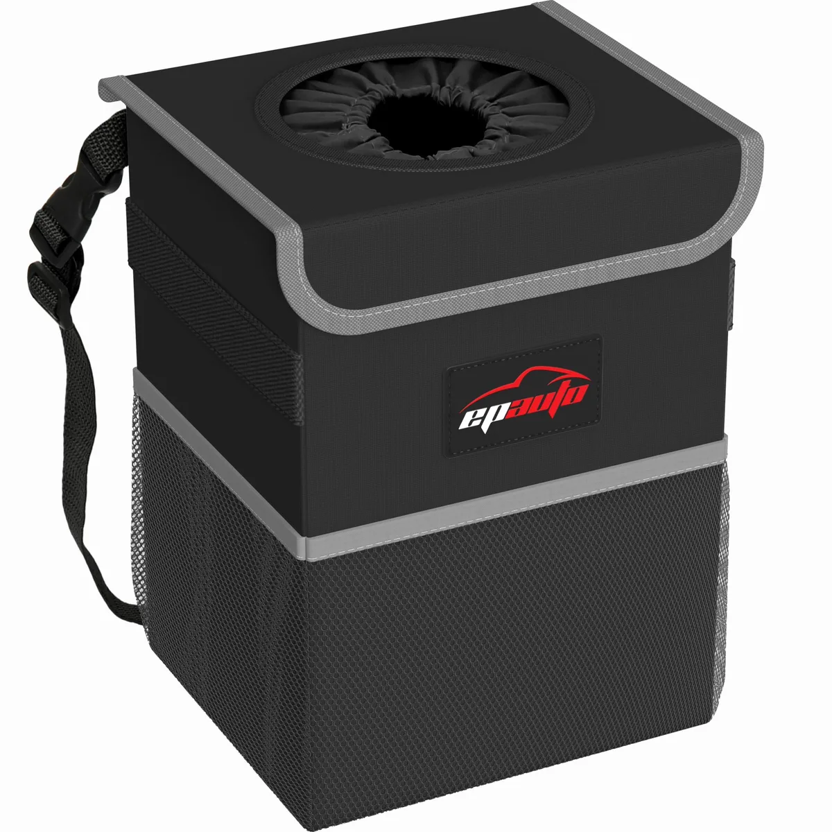 Black waterproof car trash can with lid, mesh side pockets, front pocket, dual handles and hook-and-loop base, 2.5 gallon capacity