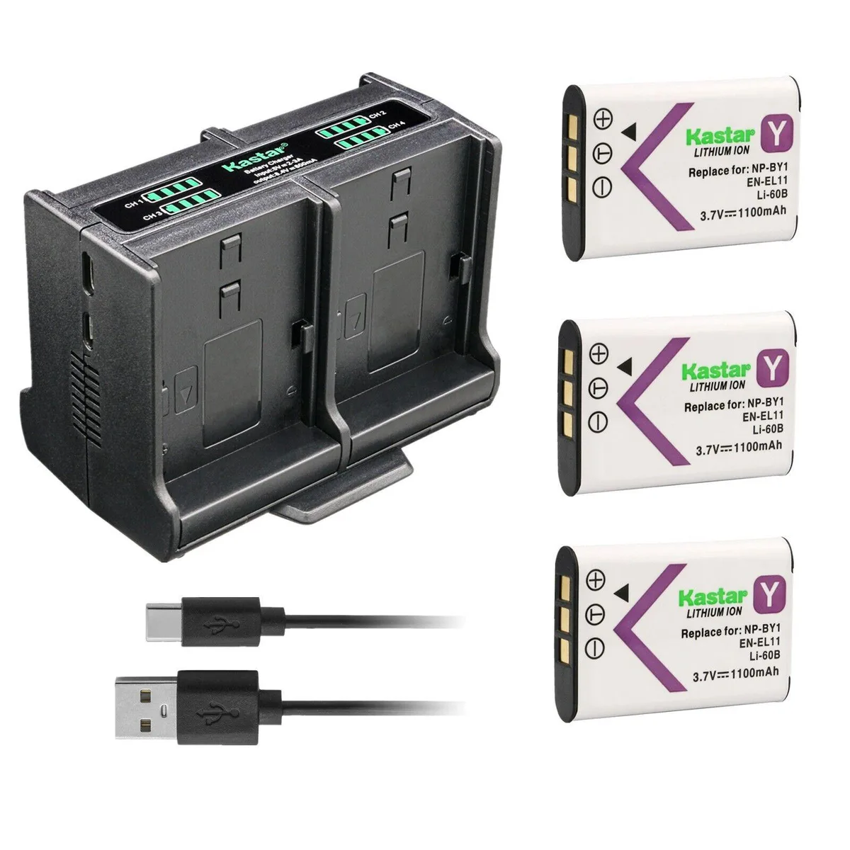 Kastar Kastar NP-BY1 3-Pack Battery &amp; Quadruple Charger 1100mAh 4.07Wh — product photo
