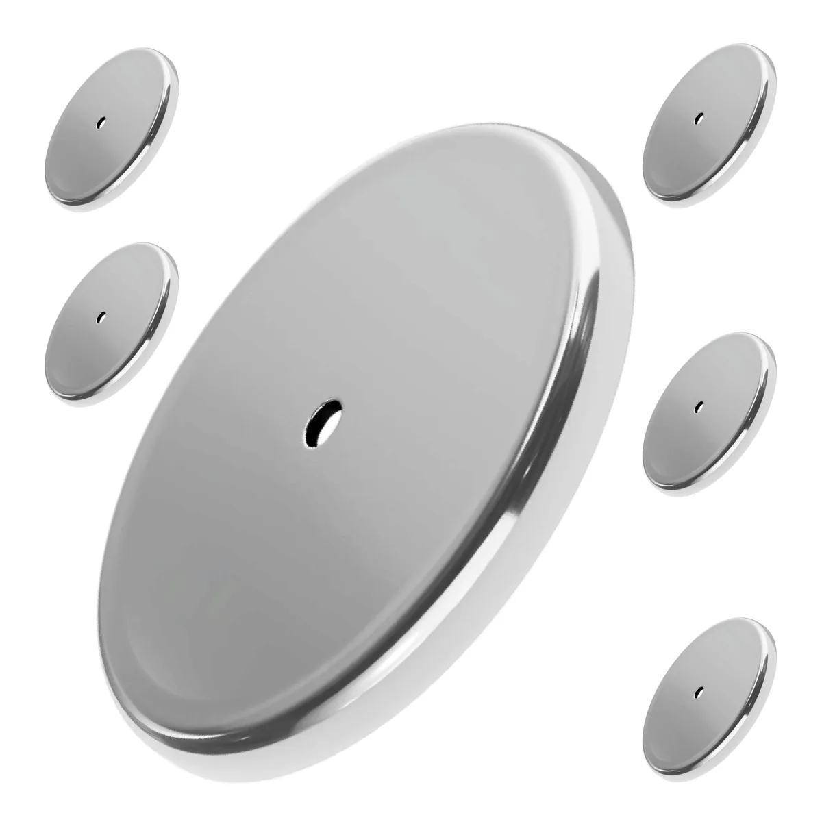 Six chrome-plated ceramic round base magnets, 2.04 inch diameter, 0.302 inch thick, center hole visible