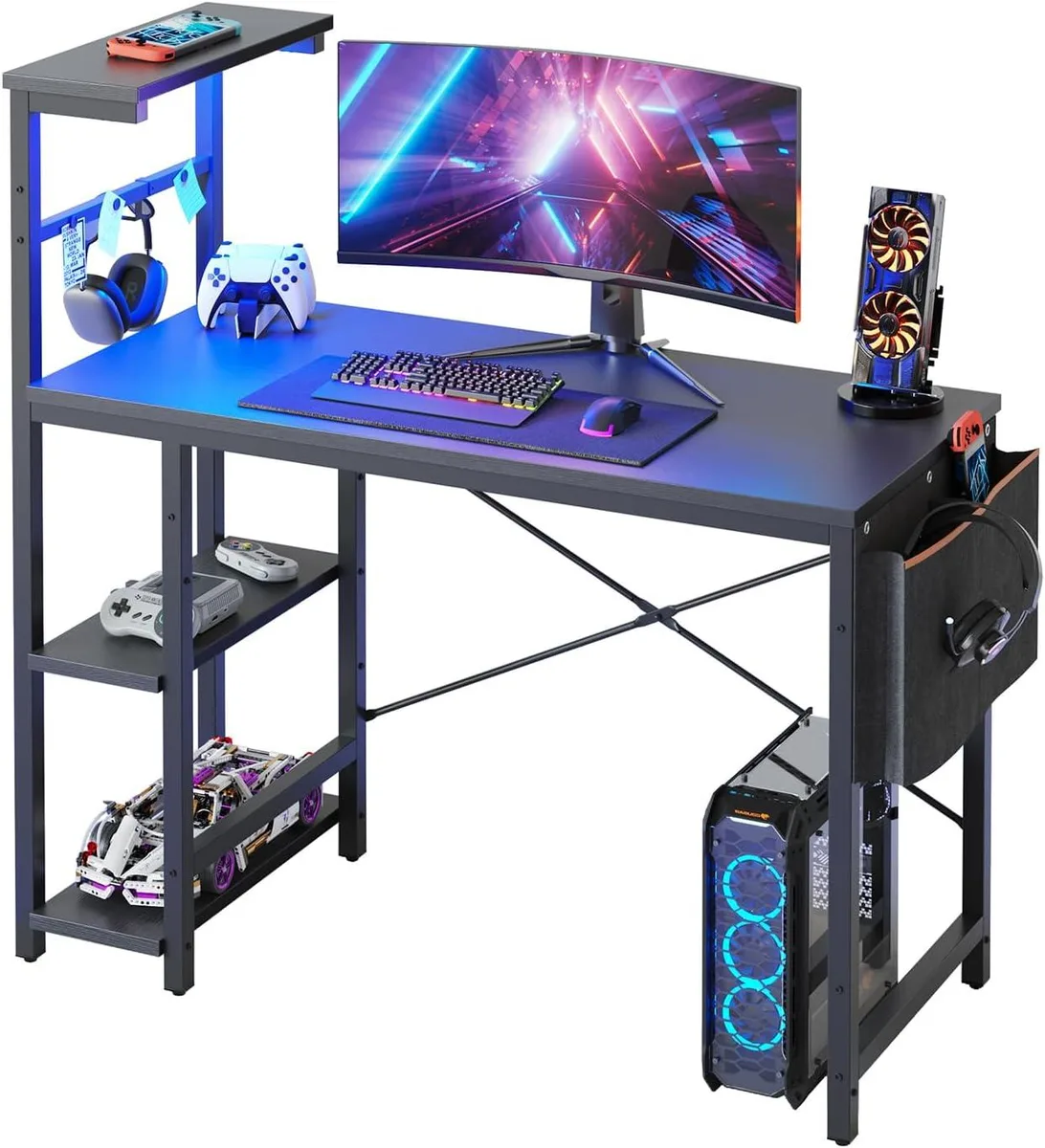PISKEKAT PISKEKAT 44 Inch Gaming Desk with LED Lights, Reversible Shelves, Side Bag (Black Grained) — product photo