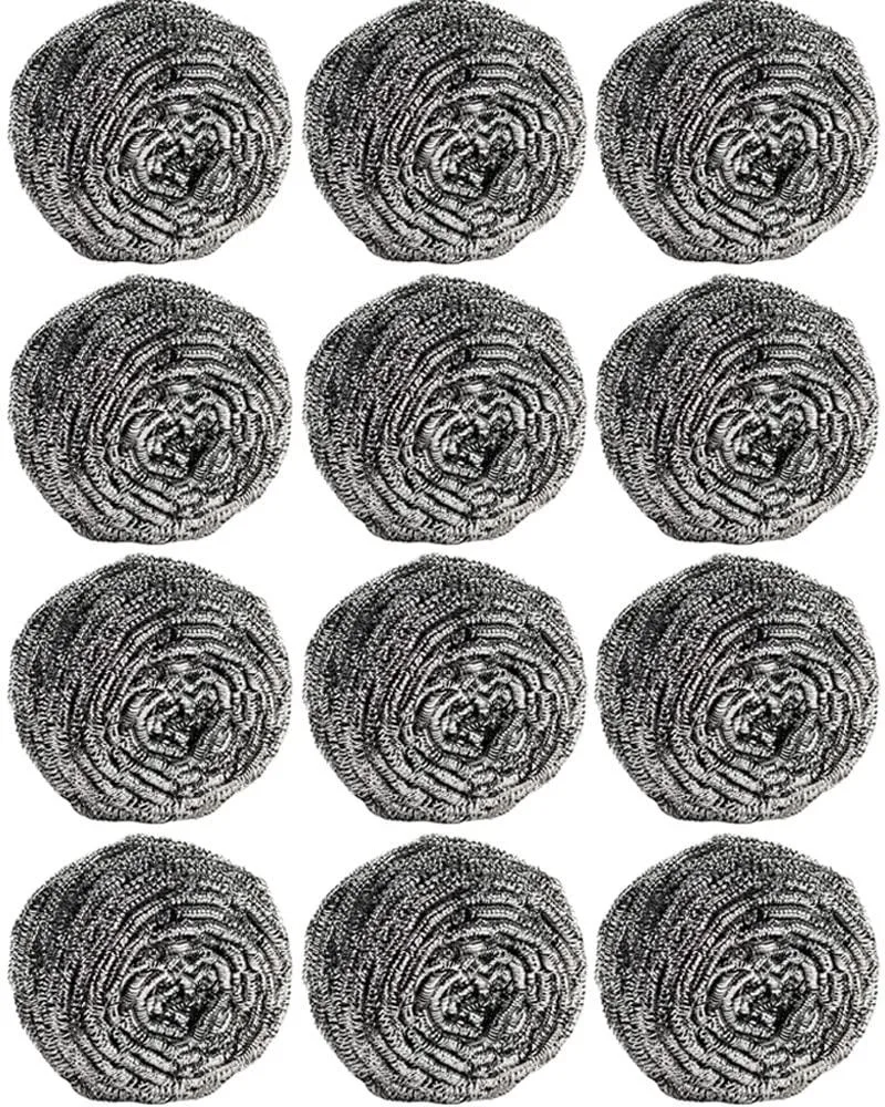 Twelve stainless steel scrubber pads, each 2.4 inches round and 1.2 inches high, silver wire mesh, new condition