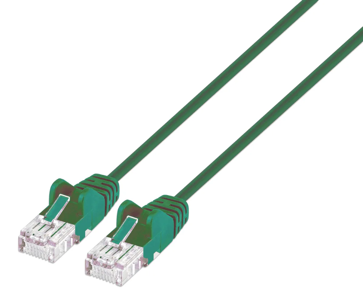 Green Cat6 slim patch cable, 1.5 ft, RJ45 connectors, snag-free boots