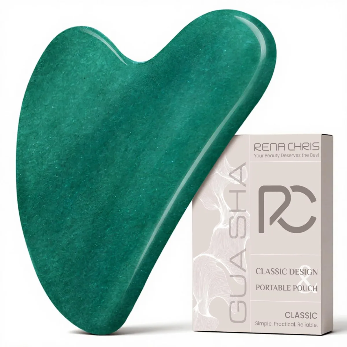 Green jade Gua Sha stone, smooth curved shape, 48g