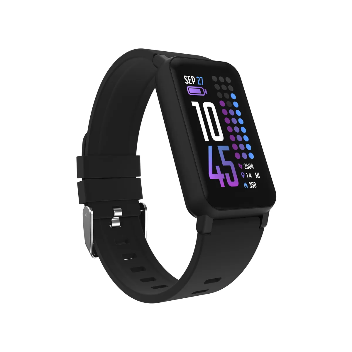 Black rectangular smartwatch with rounded corners and a dark strap