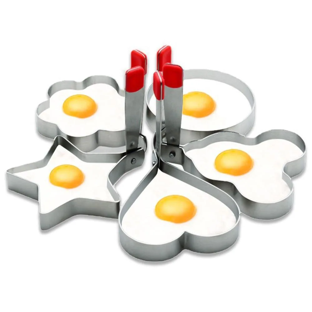 Five red stainless steel egg rings in heart flower star round and Mickey shapes with silicone handles