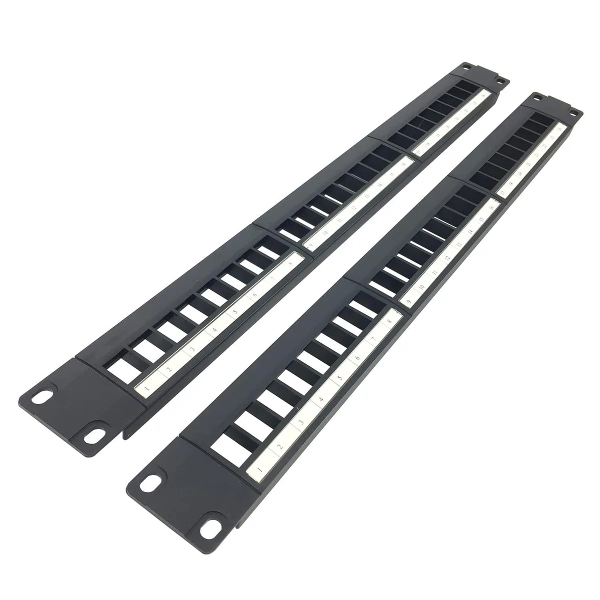 Two matte-black 1U patch panels, 19 inch wide, each with 24 empty keystone slots
