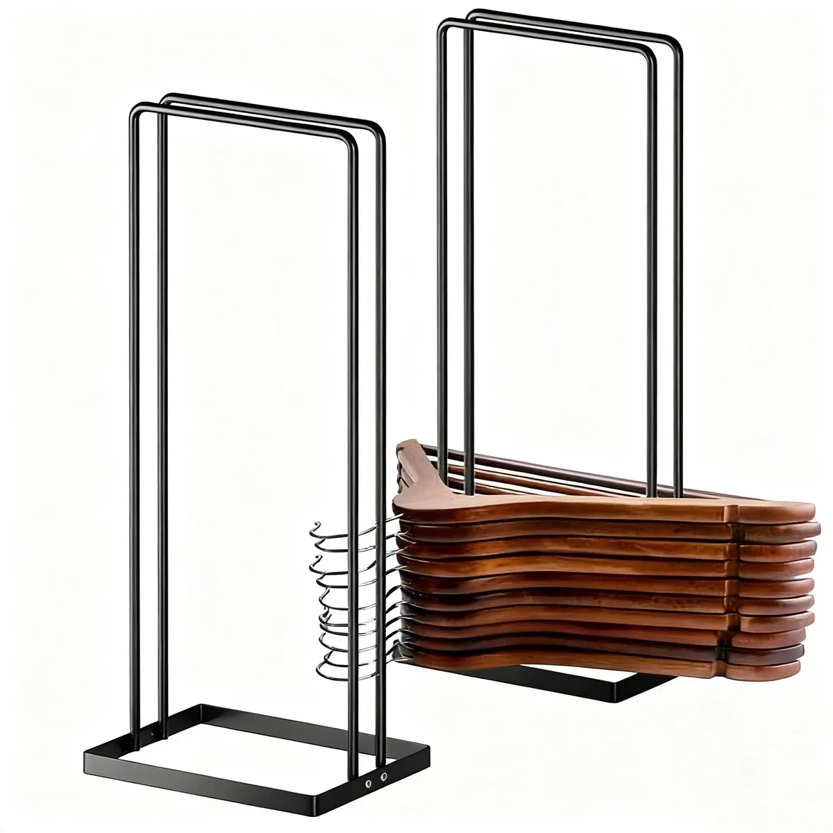 Two black metal hanger stackers, 15.3 inch tall, standing on flat bases