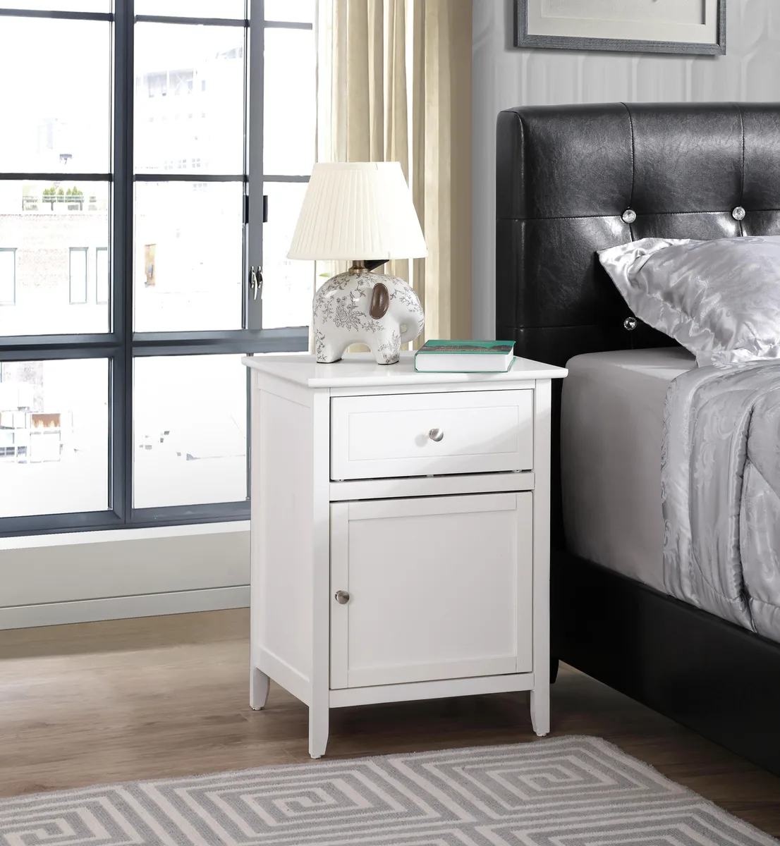 White particle-board nightstand with single drawer, 25H x 19W x 15D