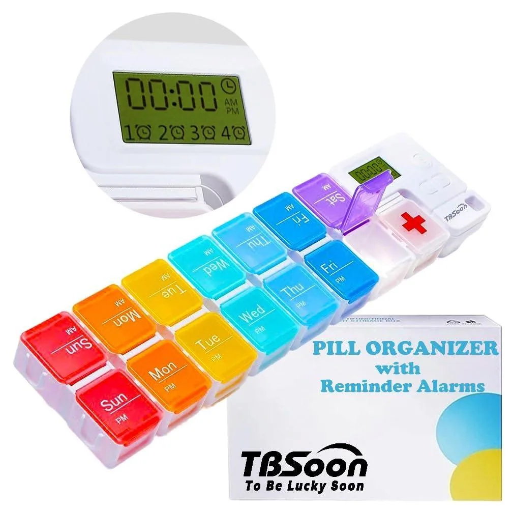 Rectangular weekly pill organiser with fourteen transparent coloured lids and a digital display