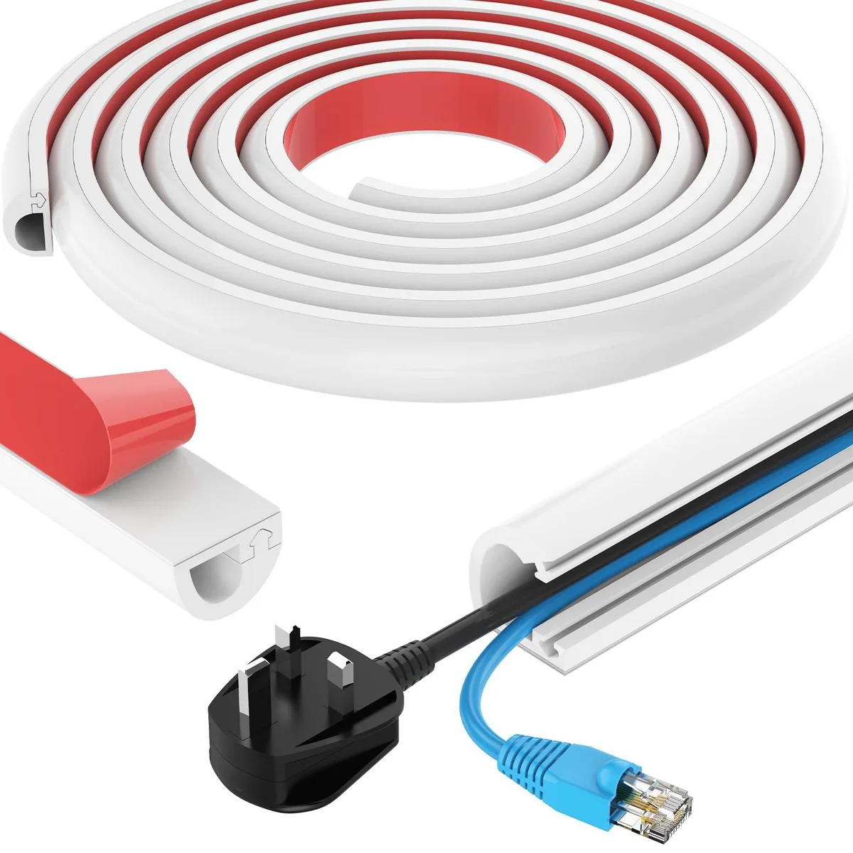 White flexible silicone cord cover, 78 inches long, self-adhesive backing, side opening design
