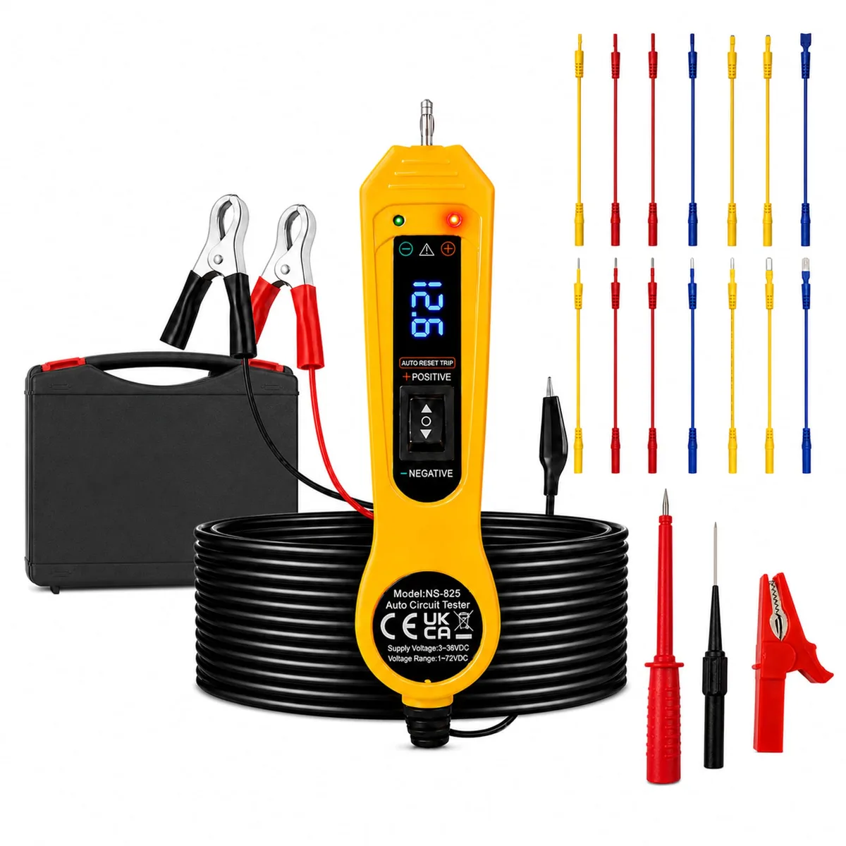 Black carrying case with digital voltmeter probe and 14 flexible test leads