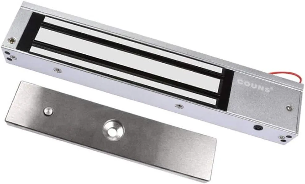 Rectangular silver metal electromagnetic lock unit with mounting holes and wiring terminals