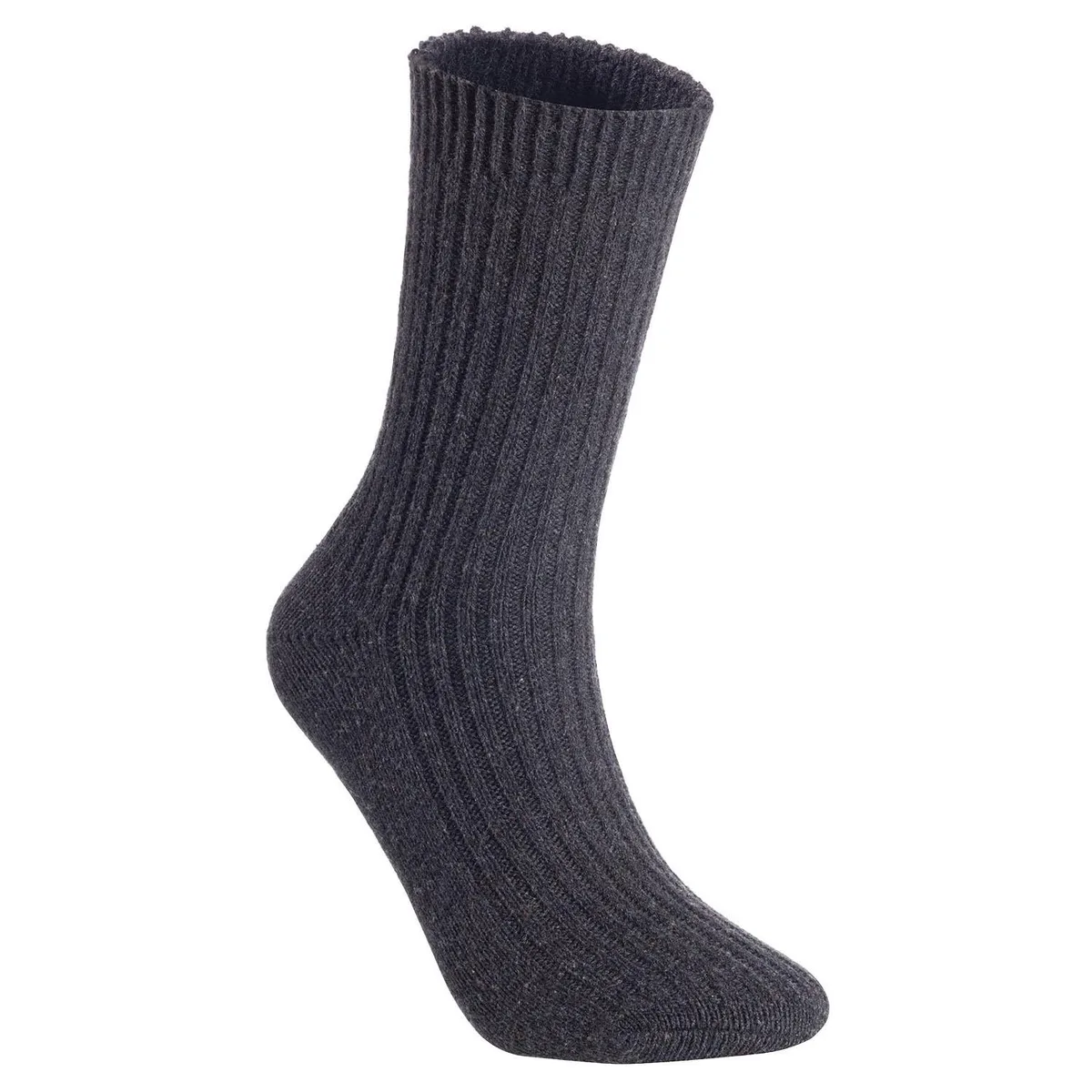 A pair of dark grey wool crew socks laid flat