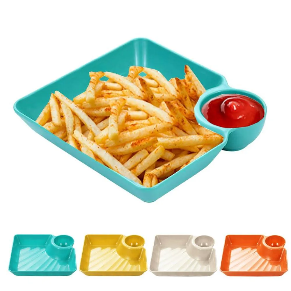 Four round 12 in ceramic serveware plates in mixed colours with a central dip compartment