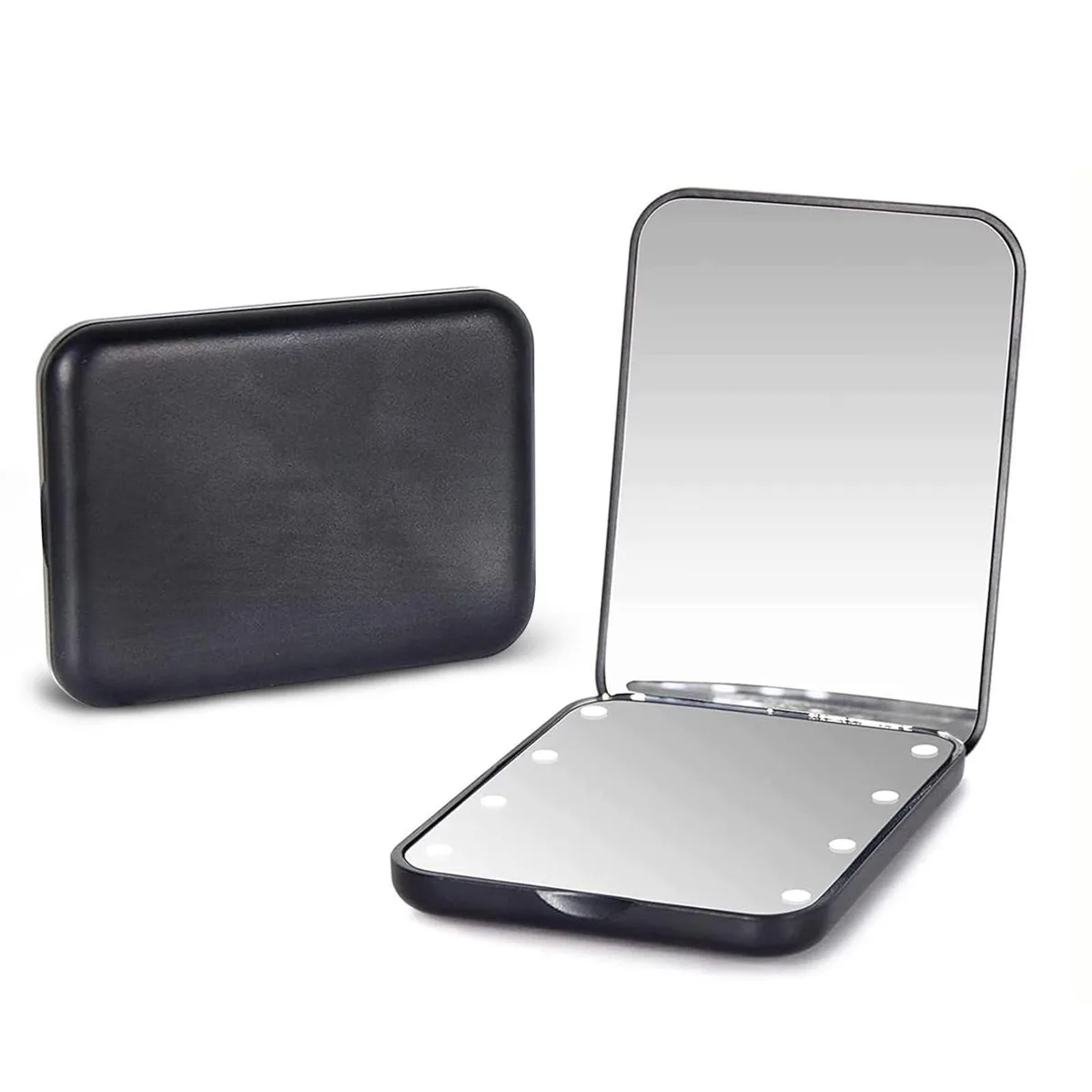 Pink square folding mirror with LED lights, 3.3 by 2.5 inches