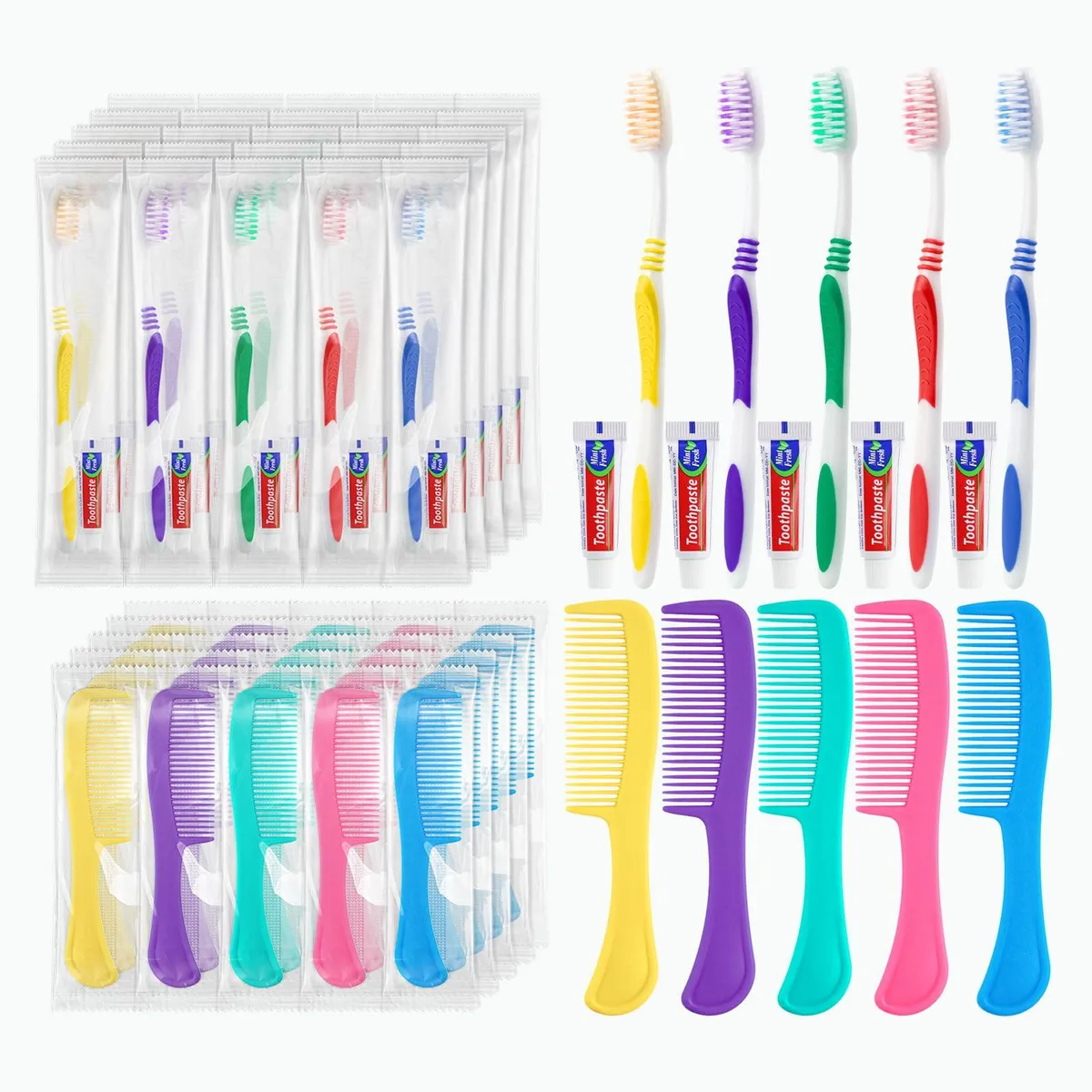 Twenty-five individually wrapped hygiene kits with coloured toothbrushes, mini toothpaste tubes and combs