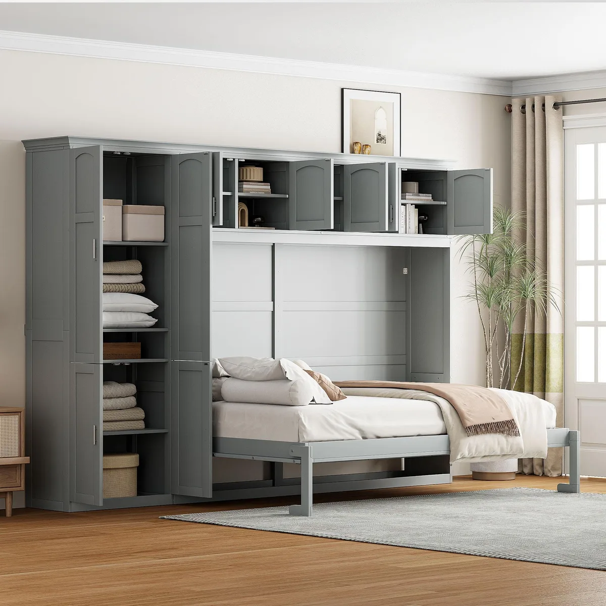Gray wall bed cabinet with side wardrobe and drawers, folds down to queen bed