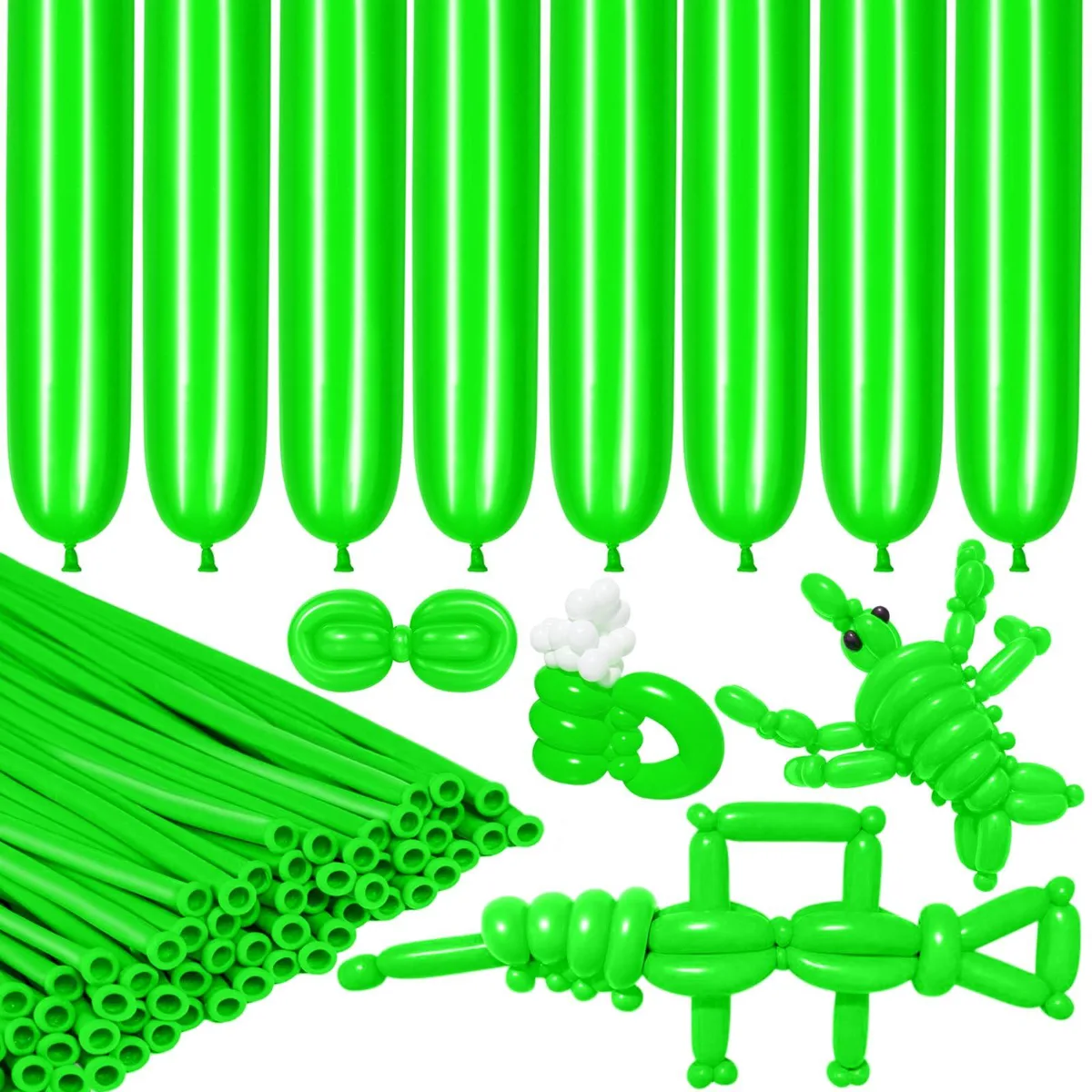 Pack of 100 green twisting balloons, uninflated 5.1 inches, 60 inches long when inflated
