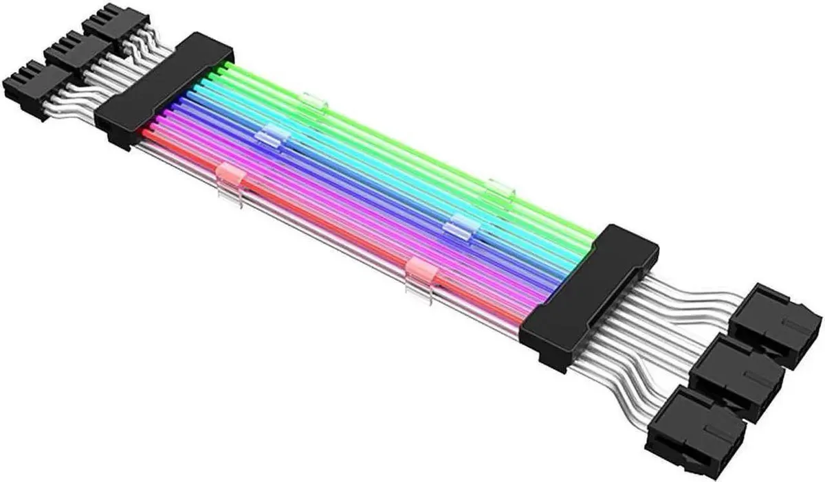Three white-sleeved PCIe 8-pin extension cables with translucent ARGB fibre strip