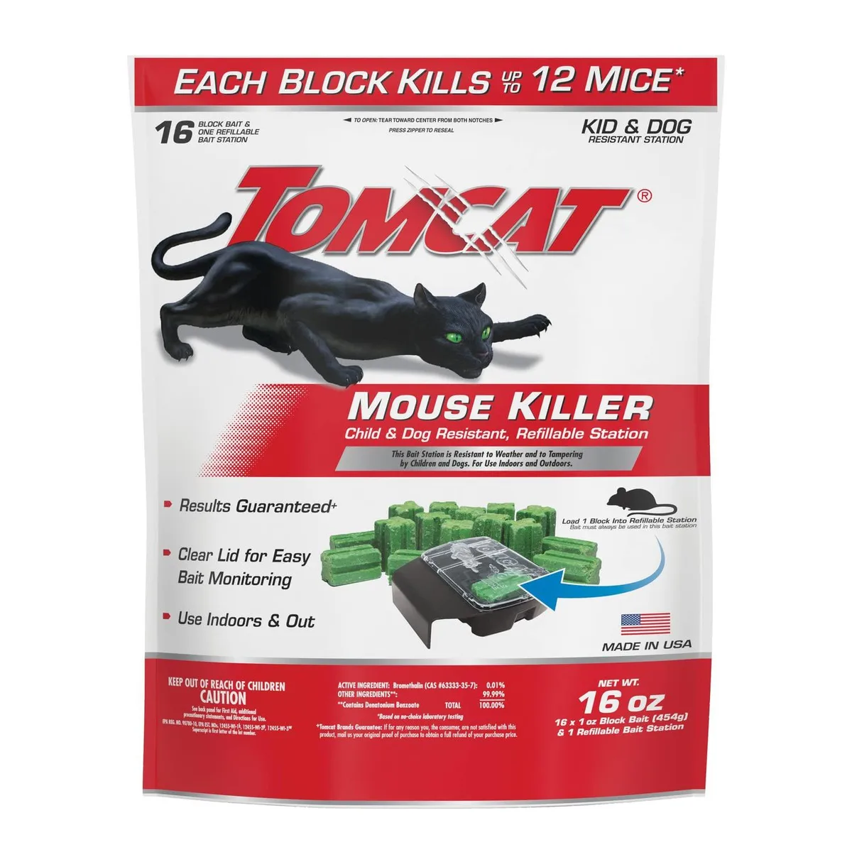 Green plastic mouse bait station with clear lid and 16 bait blocks
