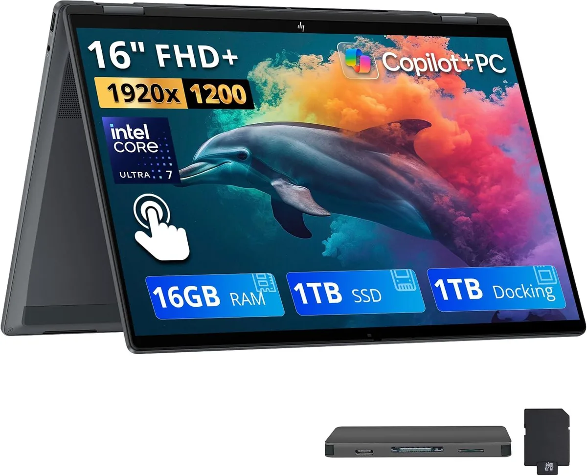HP HP OmniBook X Flip 16" 2K Touch 2-in-1, Core Ultra 7 256V, 16GB LPDDR5X, 1TB SSD + 1TB Dock, Arc 140V, Gray — product photo