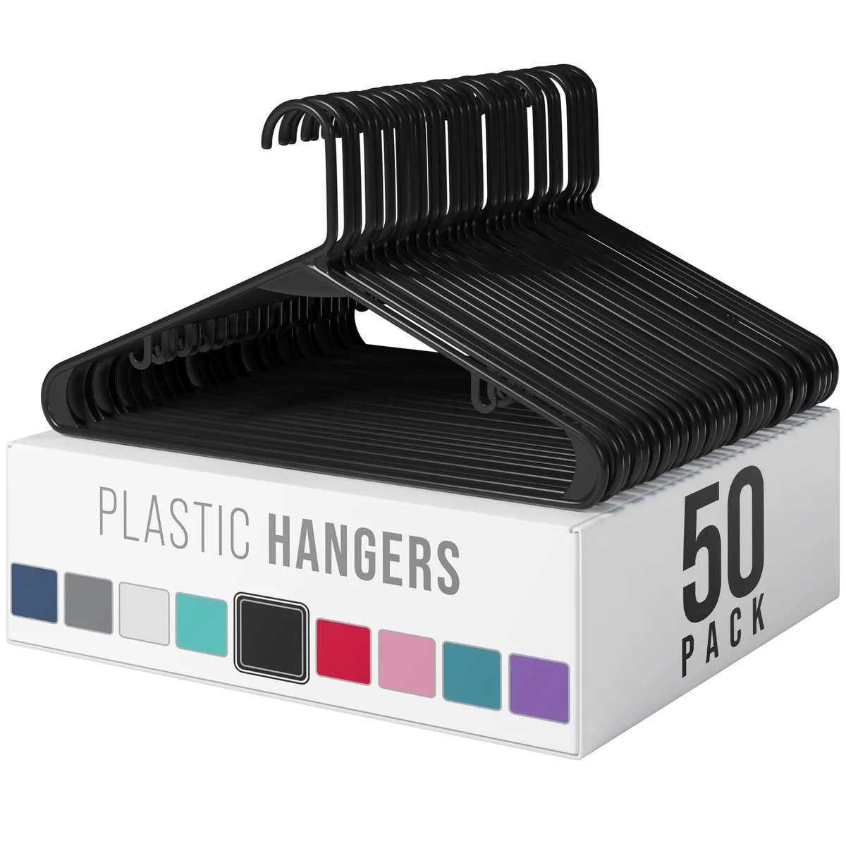 Pack of 50 black plastic clothes hangers, 16.5 by 9 inches, 0.28 thick