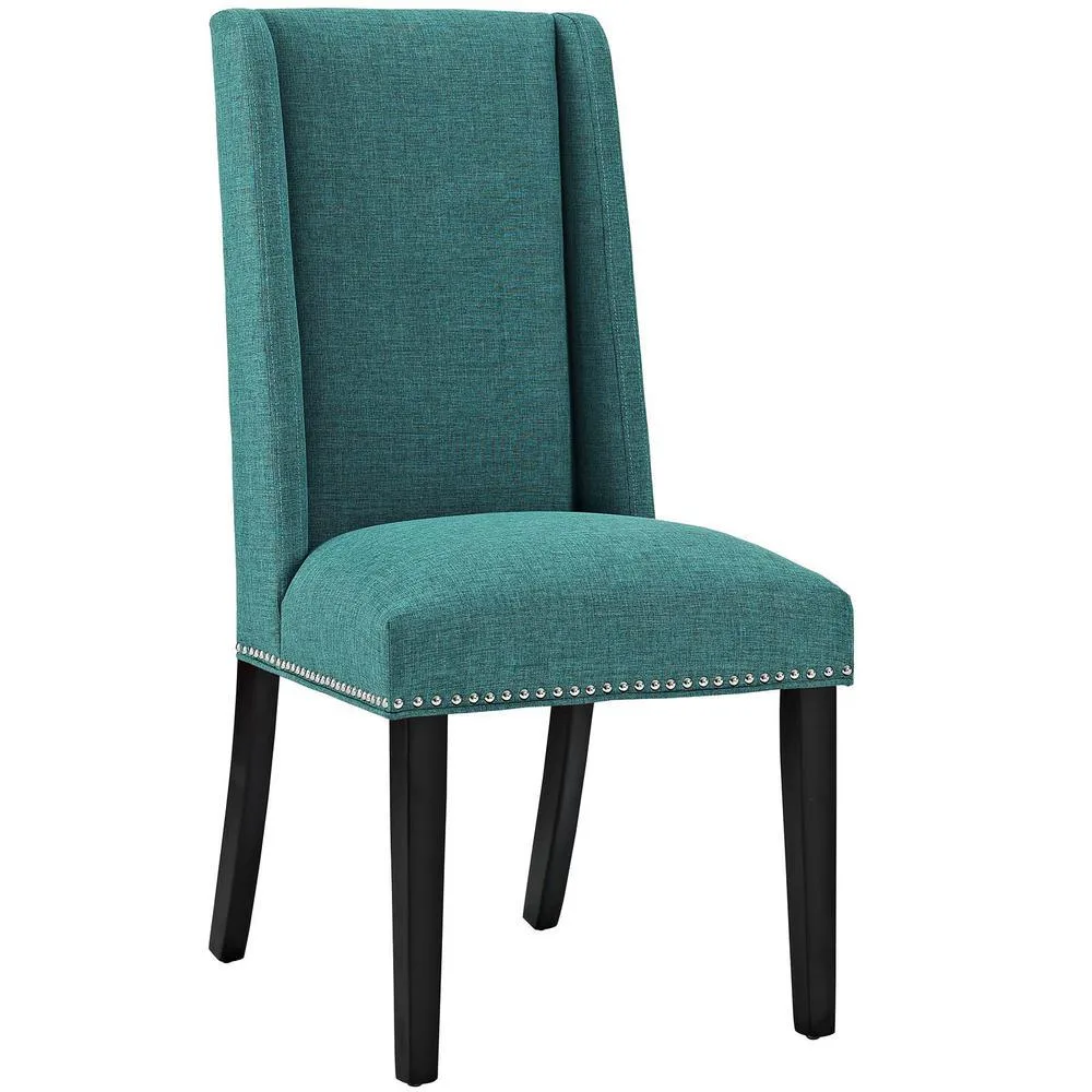 Teal fabric dining chair with nailhead trim and wooden legs