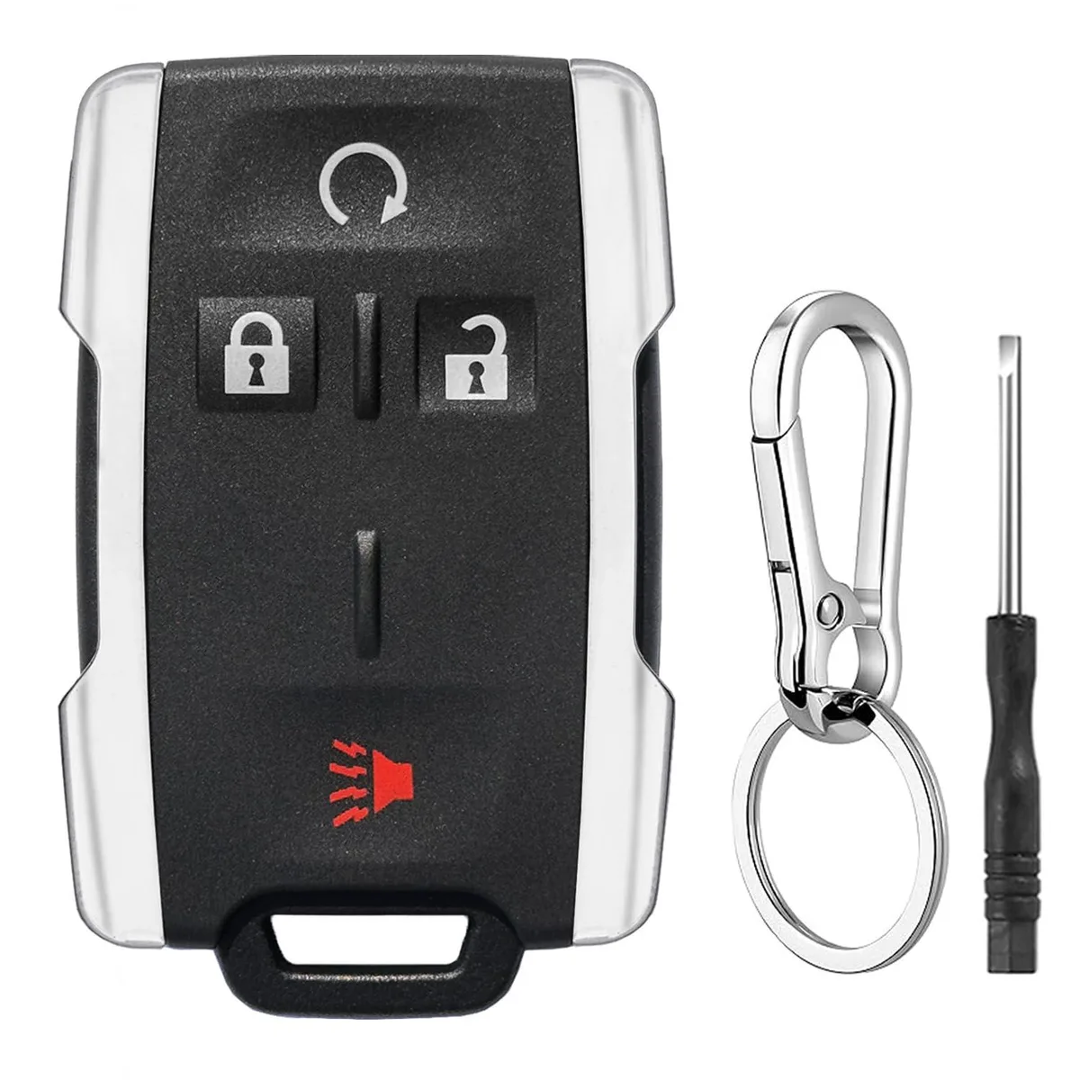 Black plastic key fob shell with four buttons, metal key ring and small screwdriver