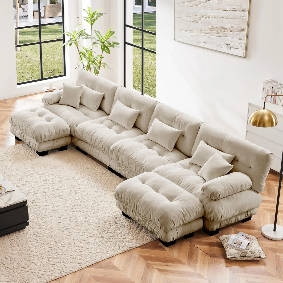 U-shaped modular sectional in light coffee chenille with two ottomans