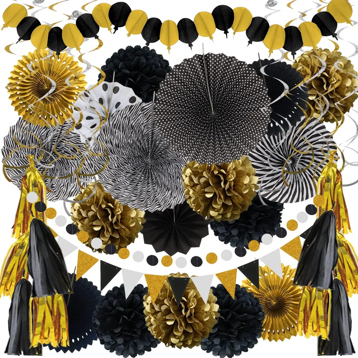Cricut Party Decorations 41 Pcs Black Gold Fans Pompoms Garlands Tassels General Craft — product photo
