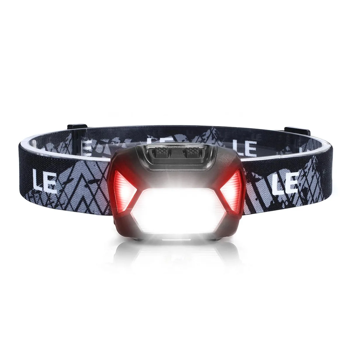 Black rectangular headlamp with adjustable elastic headband, tilted 45 degrees