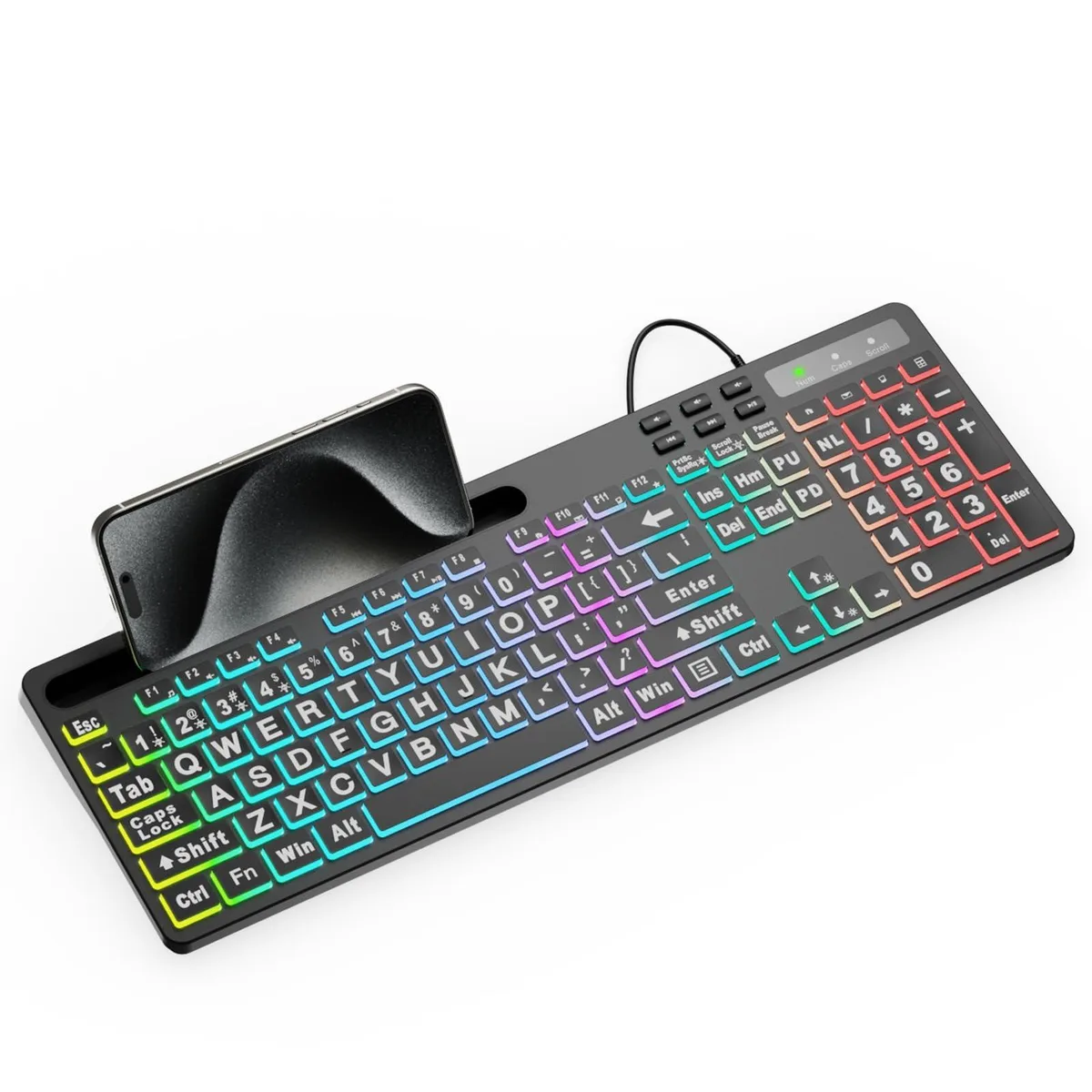  MARVO WK712-BK-US Gaming Keyboard with 11 RGB modes, 4× larger font, tablet holder — product photo