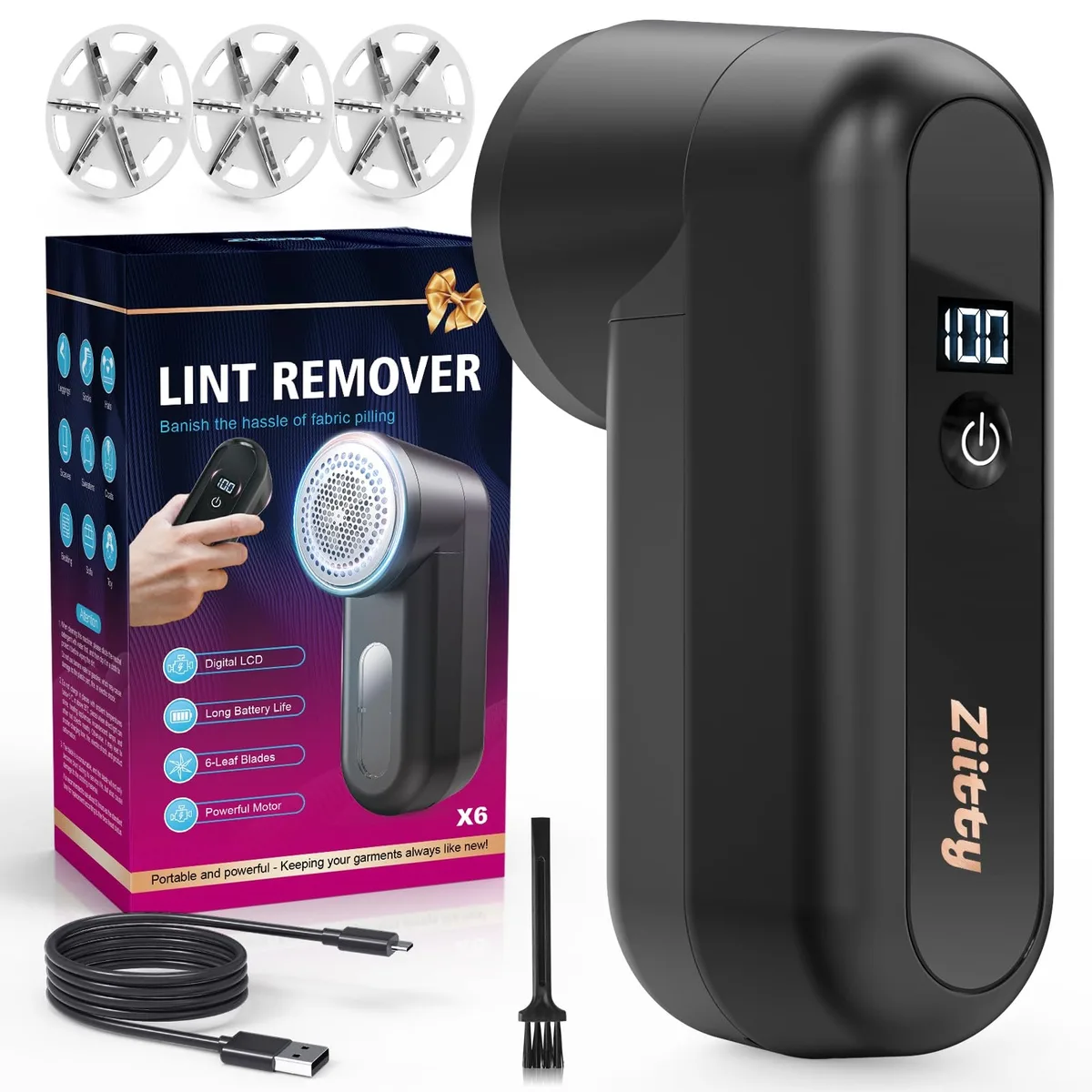 White handheld fabric shaver with LCD screen, USB-C port, honeycomb mesh guard and removable lint container