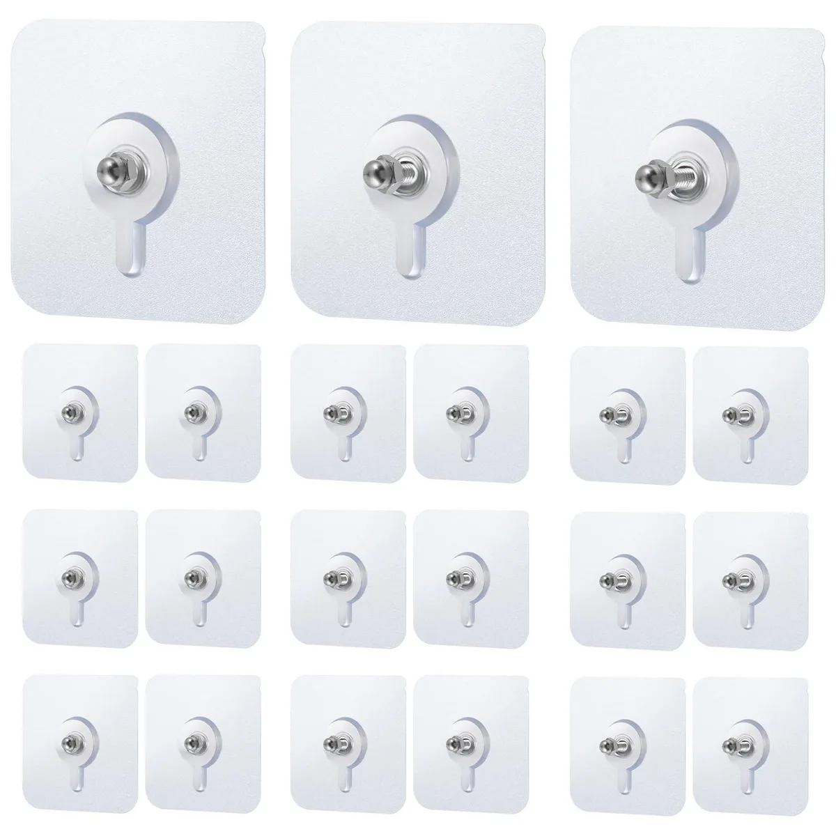 Transparent square adhesive hooks on a backing sheet, 20 pieces, stainless steel and PVC, 5.7 cm wide
