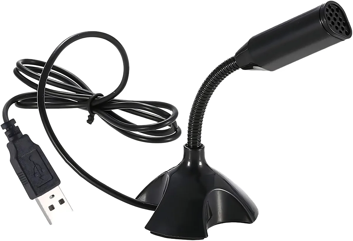 Black USB condenser microphone on adjustable gooseneck stand with weighted base