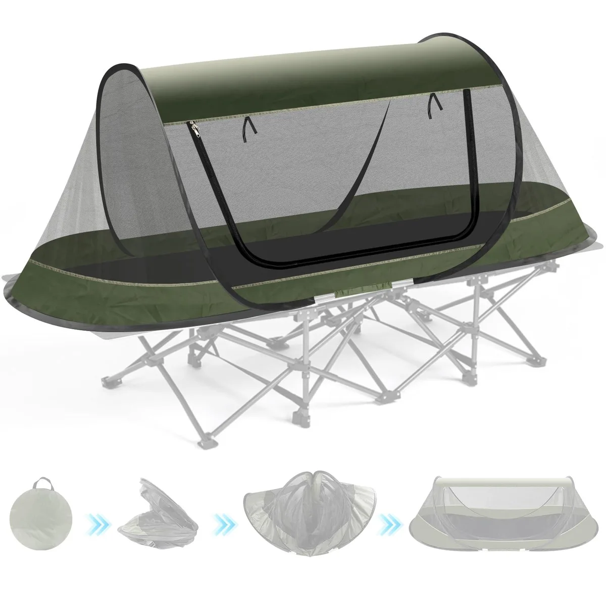 Pop-up mosquito tent in folded circular carry form, lightweight mesh fabric, compact for travel