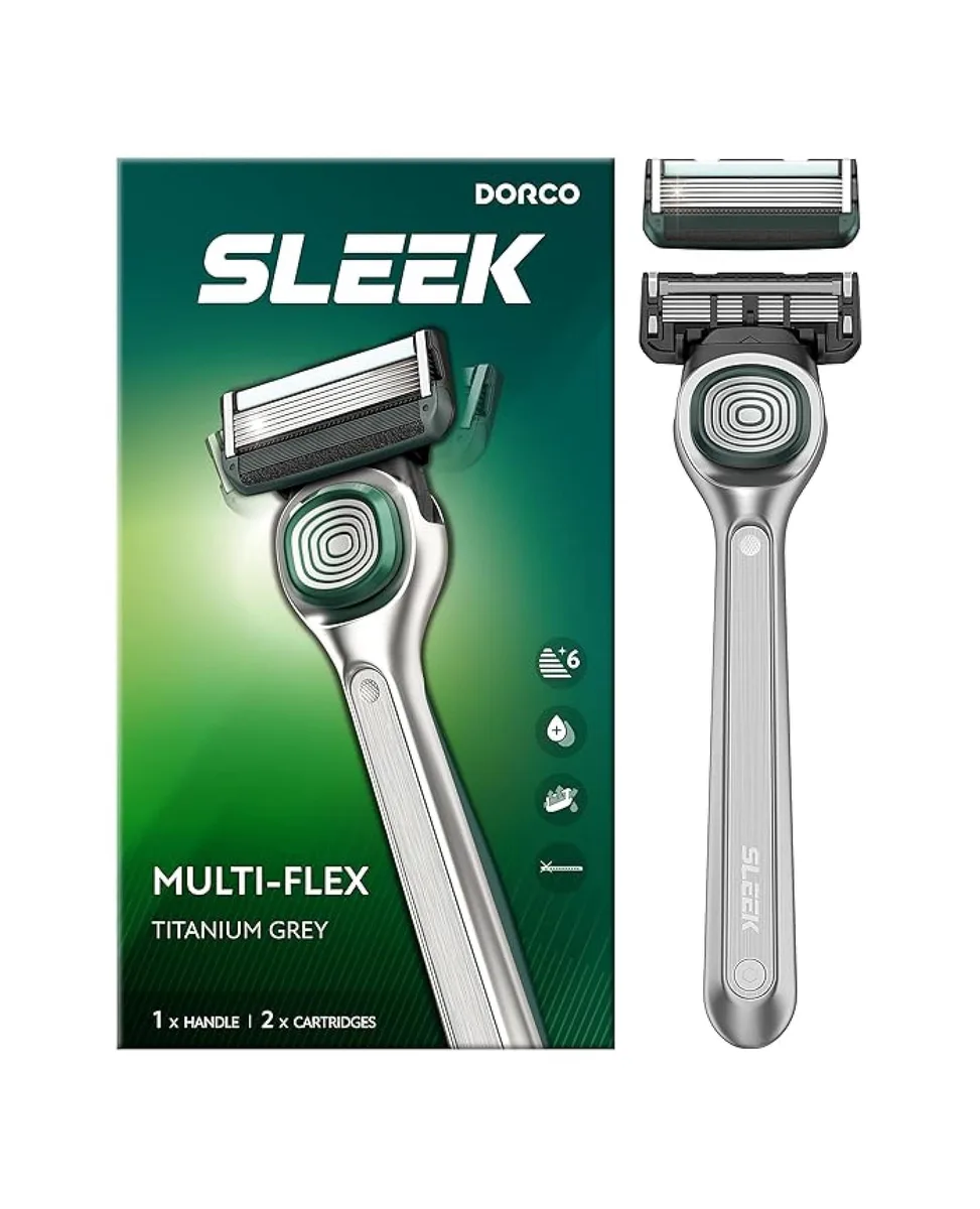 Silver razor handle with two six-blade cartridges
