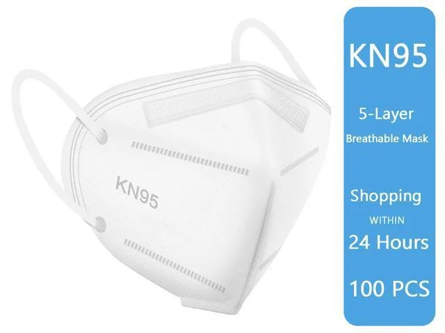 White 5-ply face masks in a flat stack, soft ear loops and nose wire visible