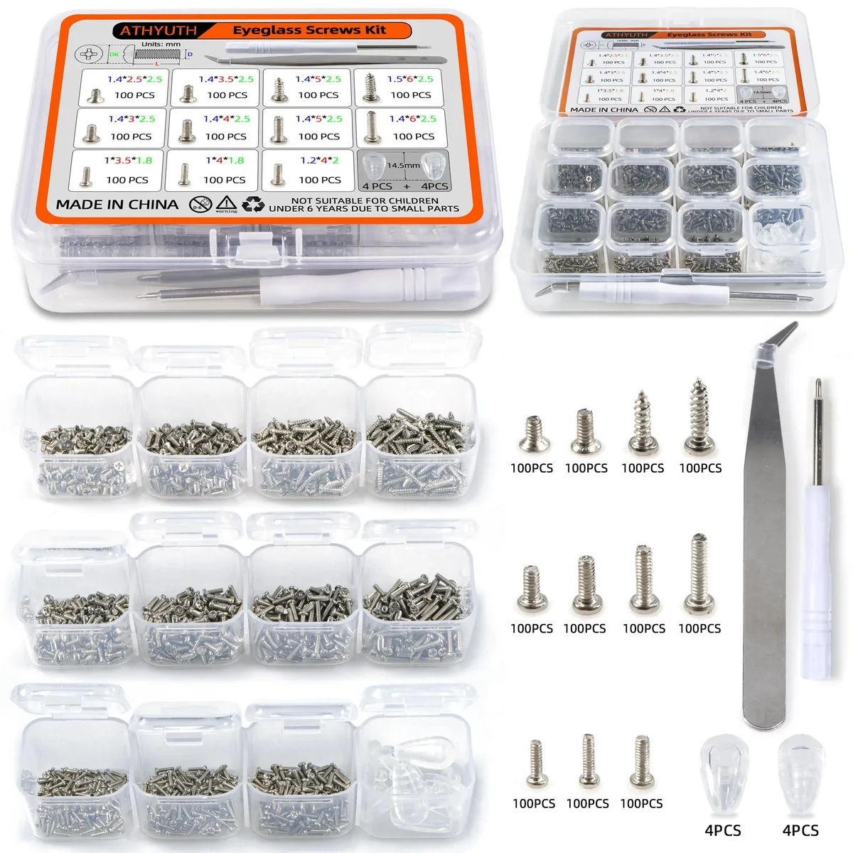 Compact silver case holding 1100 micro screws in 12 compartments with magnetic screwdriver and tweezers