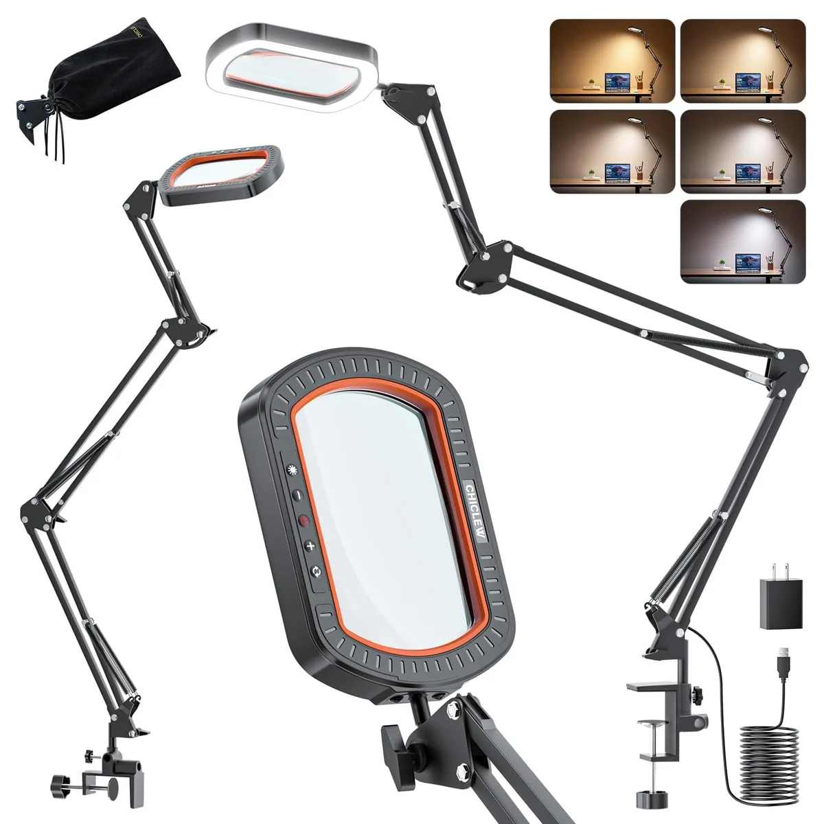 Rectangular magnifier lamp with black metal housing and three articulated arms, clamp base, LED light panel, 10x glass lens