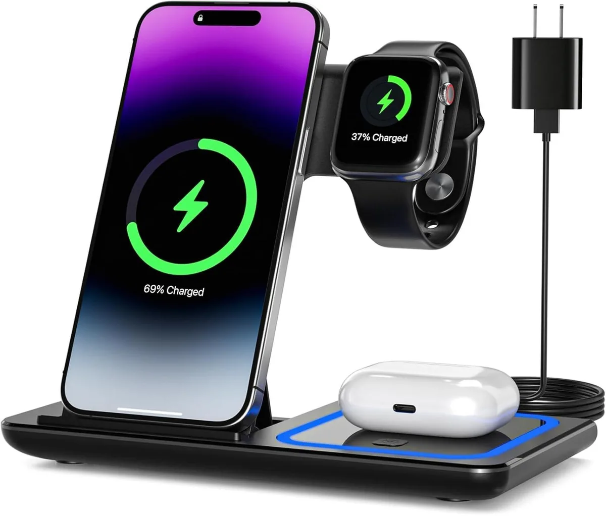 White foldable three-in-one wireless charging stand with phone, watch and AirPods zones