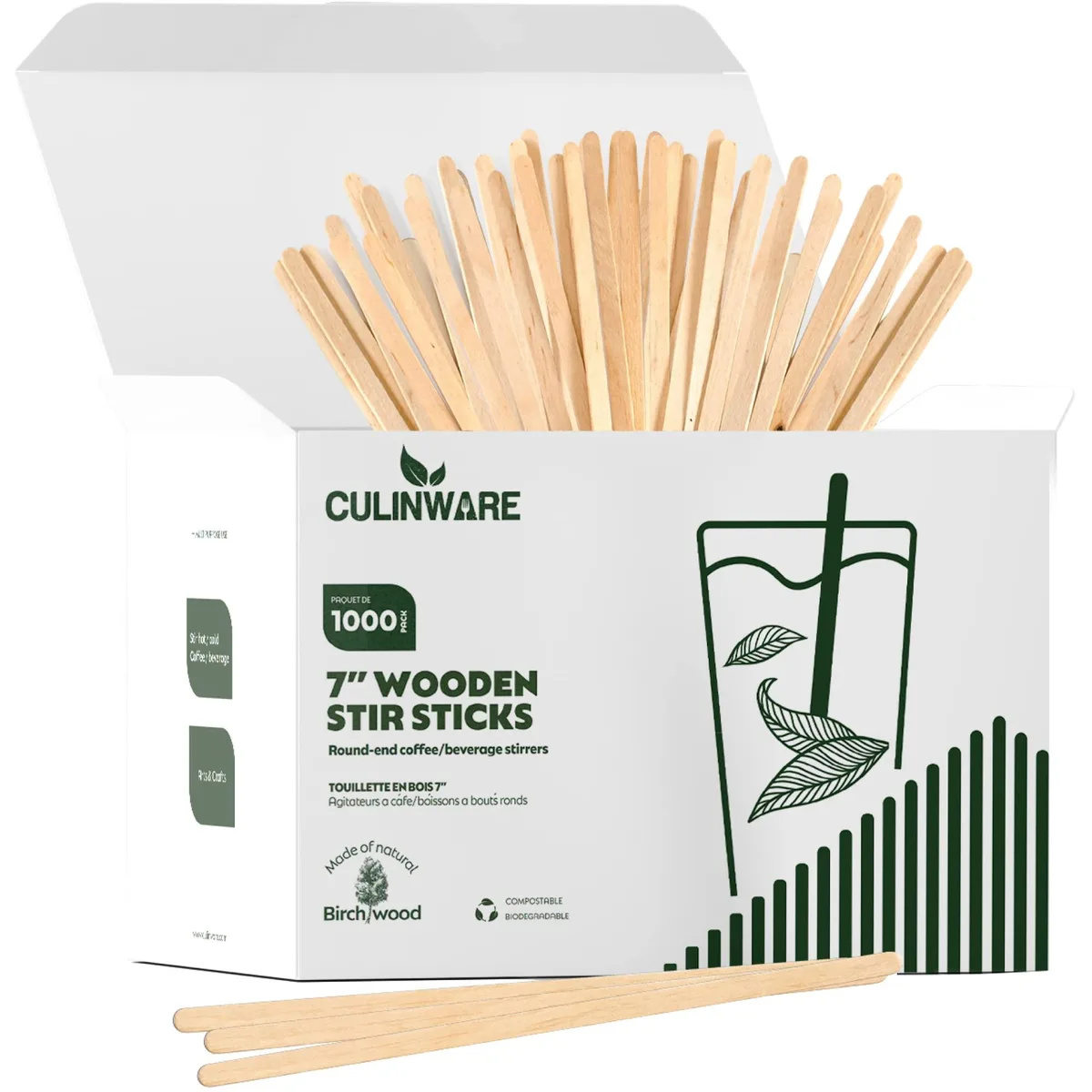 Box of 1000 birch wood stirrers, 7 inches long, pale smooth finish