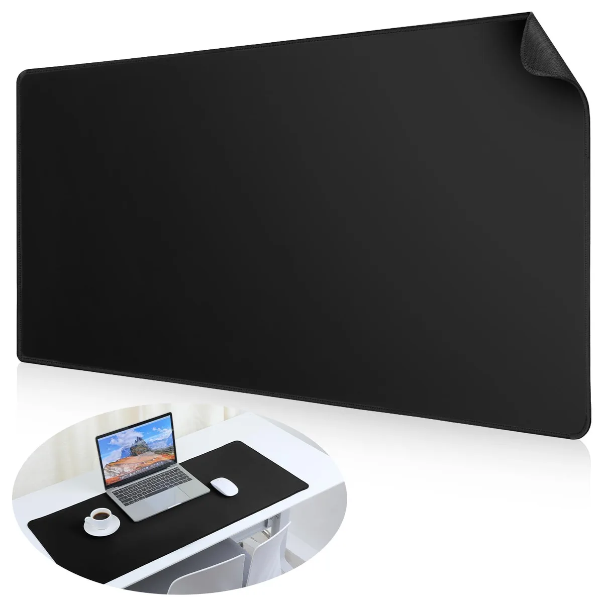 Black rectangular mouse pad, 36 by 16 inches, smooth cloth surface with stitched edges