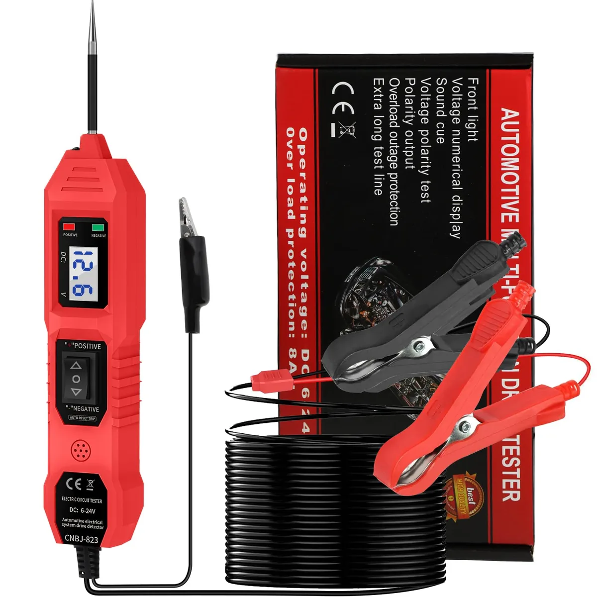 Handheld automotive circuit tester with LCD screen, sharp probe, battery clips and built-in flashlight