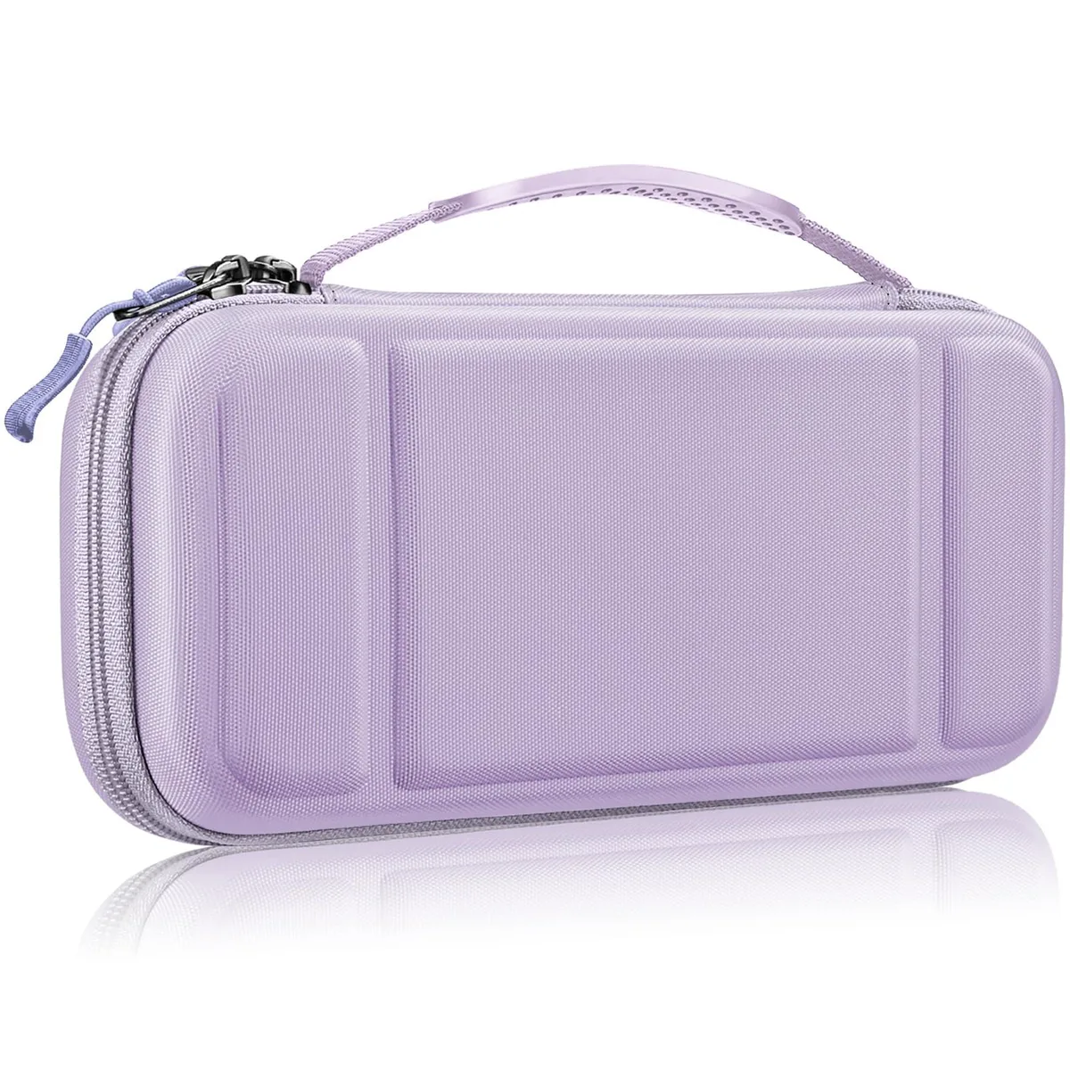 Lilac purple hard-shell EVA carrying case with handle, double zipper and 10 game card slots